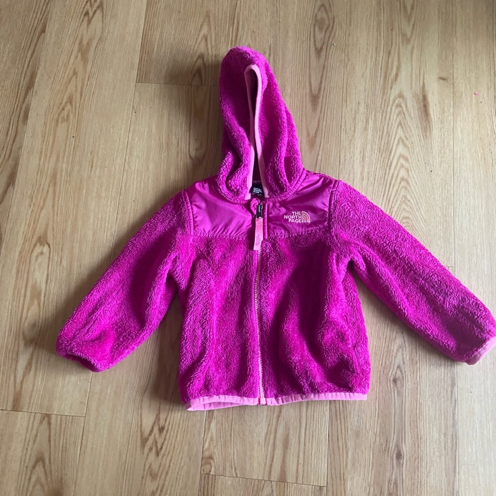 The Northface toddler girl pink hooded fleece jacket